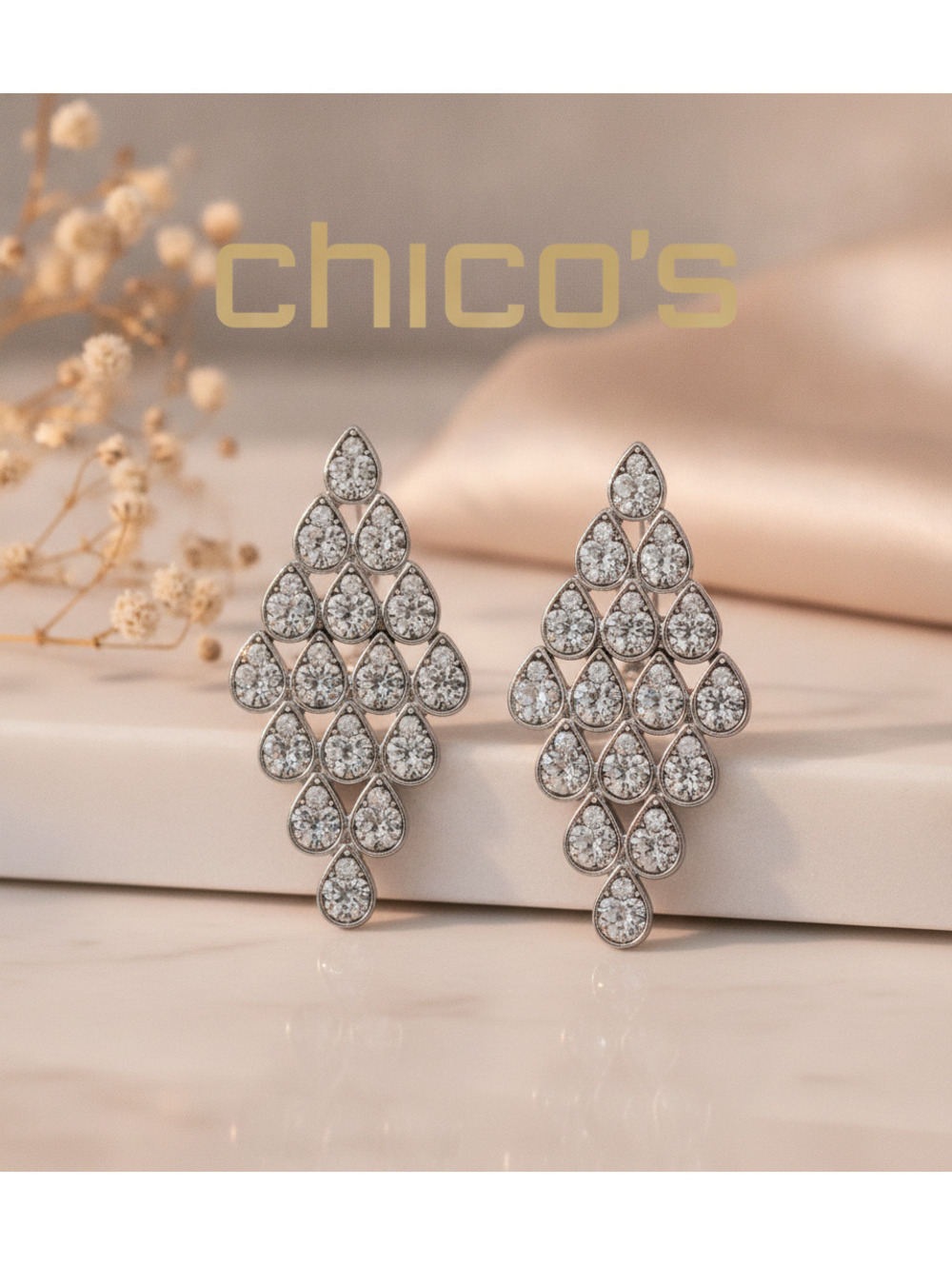 Chico's Silver Tone Crystal Teardrop Earrings